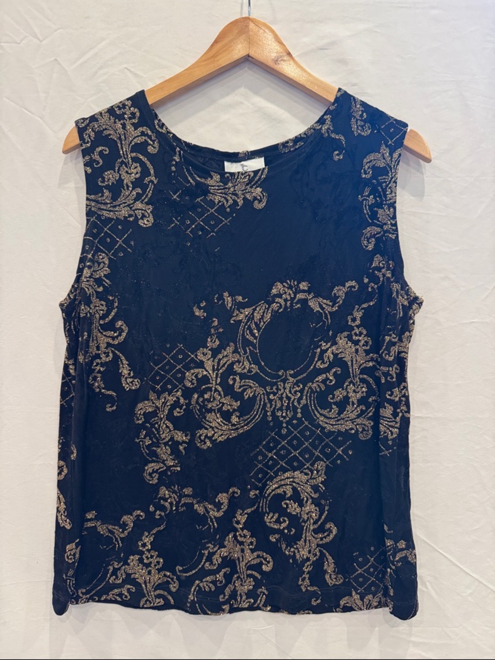 Vintage 90s Black Tank with Gold Baroque Pattern, Size XL